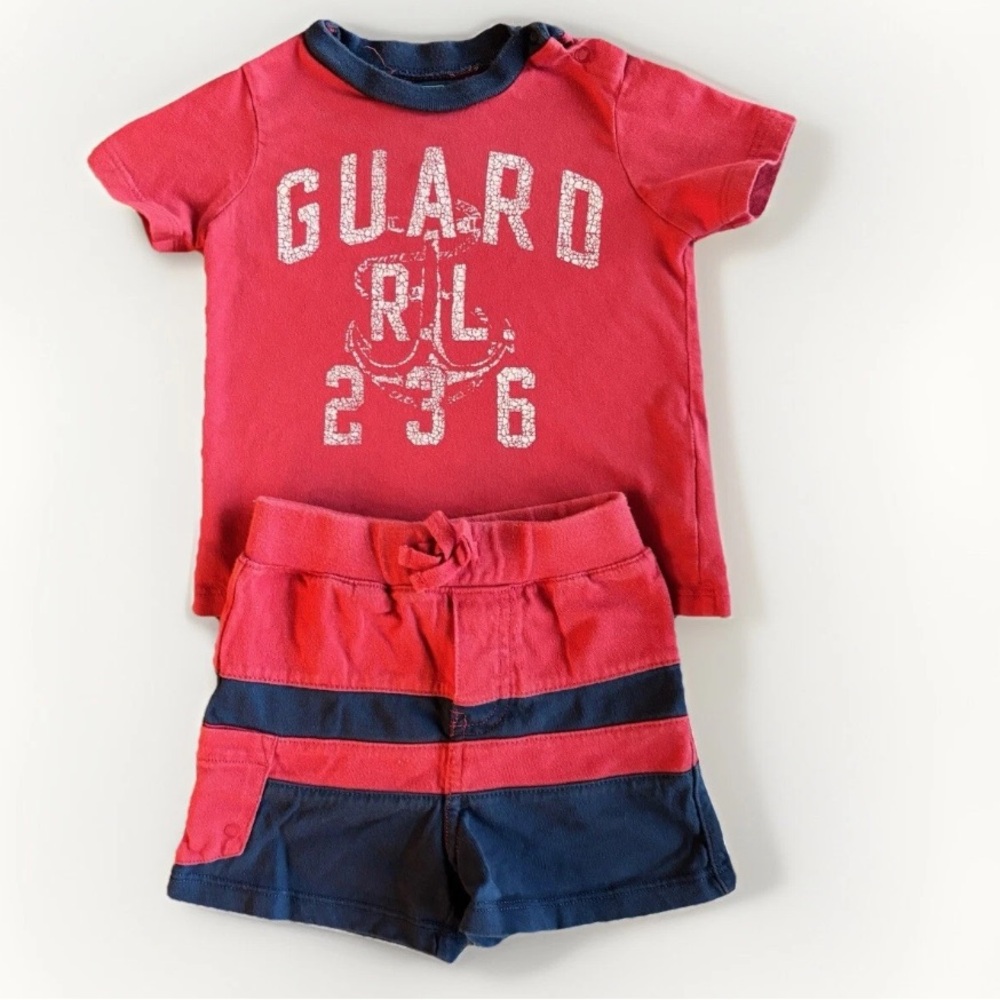 Ralph Lauren Lifeguard Outfit Set Navy Red Shorts Tee 9M - Picture 2 of 6